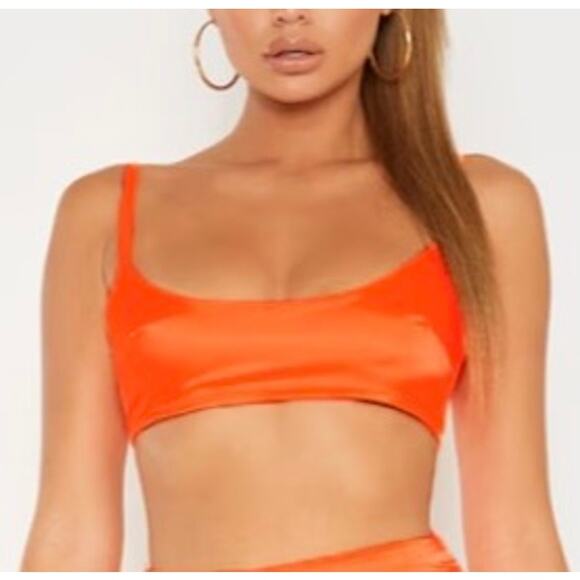 NWT PrettyLittleThing Neon Orange Satin Crop Top- Size US 4 / UK 8 - Picture 1 of 15